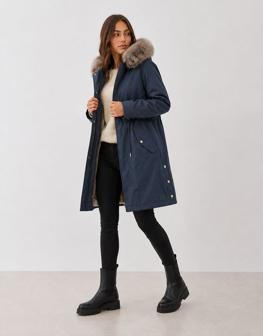 Damska parka z futerkiem granatowa (5M3180-215)