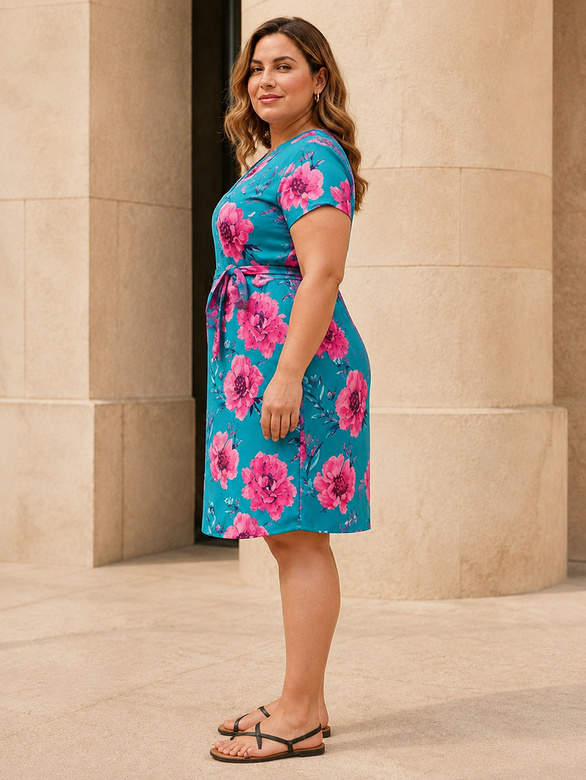 Jednoduché šaty vo veľkosti plus size s krátkymi rukávmi a námornými kvetinami
