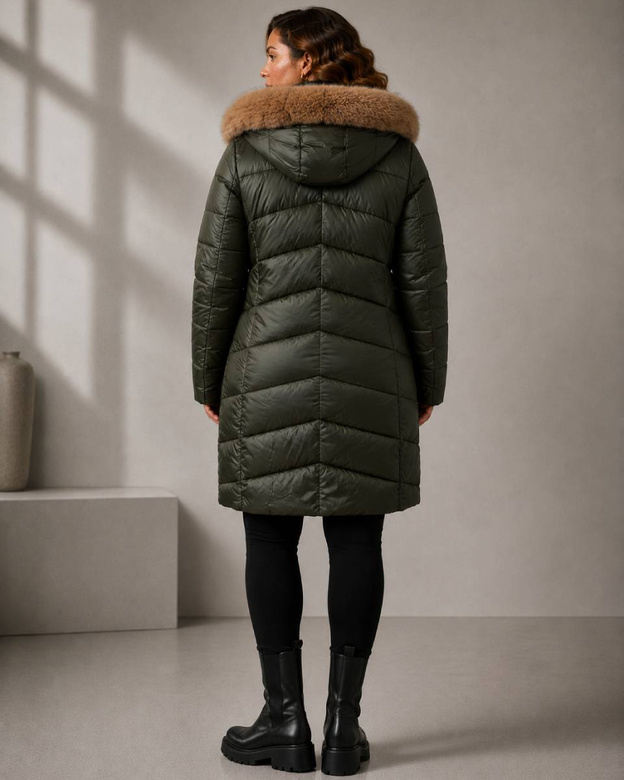 Dámska obojstranná bunda v khaki-béžovej farbe s odnímateľnou kapucňou vo veľkosti plus size