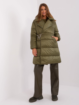 Zimná péřová bunda s ozdobným zapínaním v khaki farbe