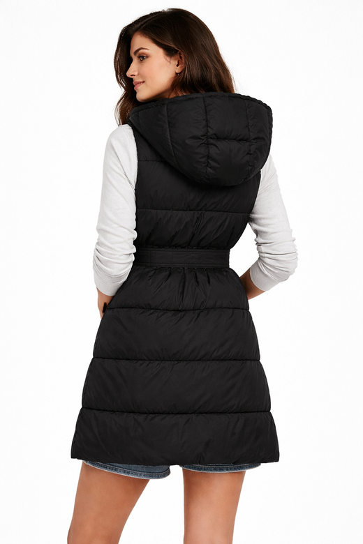 Prešívaná čierno-béžová obojstranná vesta bez rukávov s kapucňou a opaskom