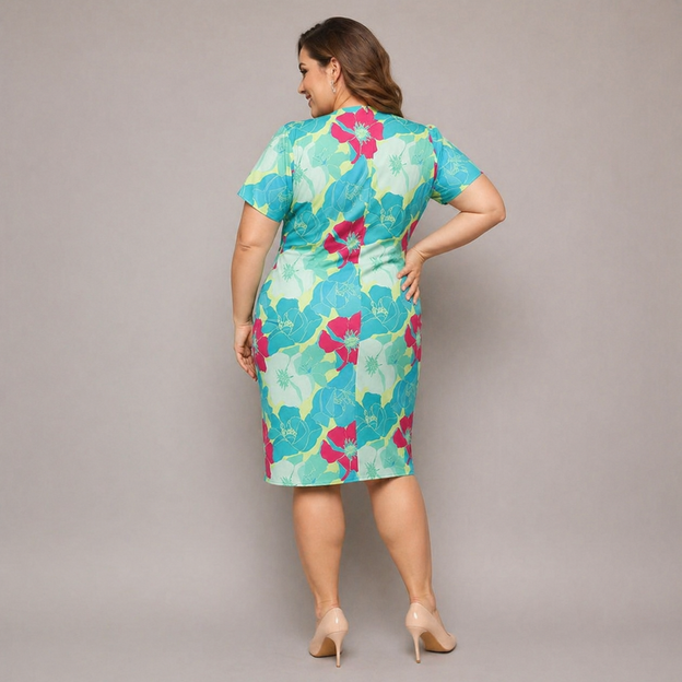 Šaty vo veľkosti plus size s výstrihom do V, zelené s fuchsiovými kvetmi