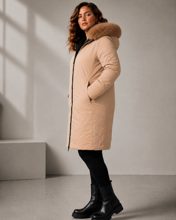 Čierno-béžová obojstranná dámska bunda s odnímateľnou kapucňou vo veľkosti plus size