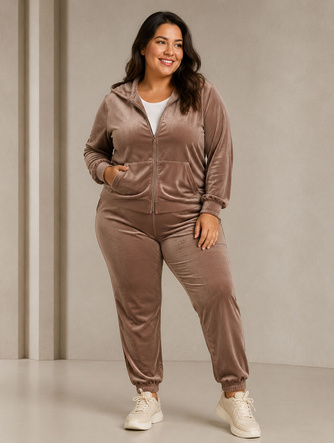 Súprava vo veľkosti plus size: mikina + tepláky z velúru v béžovej farbe