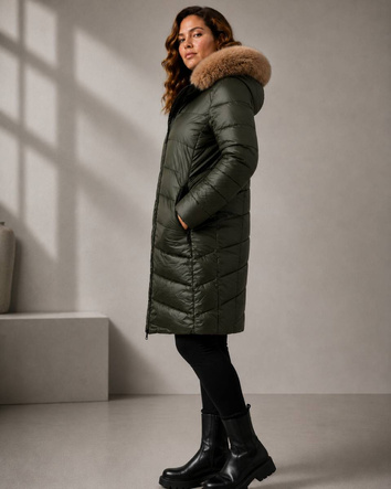 Dámska obojstranná bunda v khaki-béžovej farbe s odnímateľnou kapucňou vo veľkosti plus size