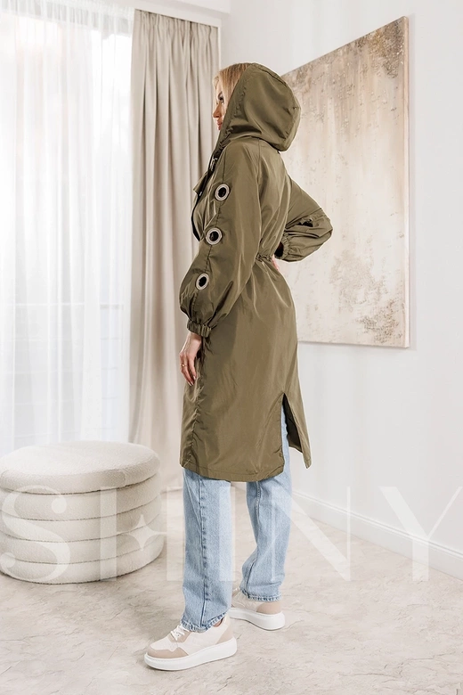 Dámska oversize bunda v khaki farbe s ozdobnými rukávmi