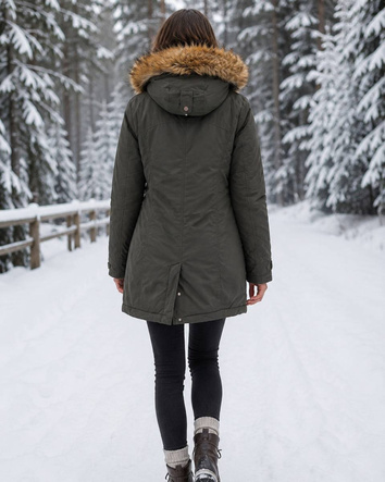 Zimná parka v khaki farbe s kapucňou a odnímateľnou kožušinkou