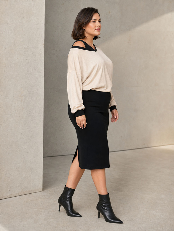 Priliehavé šaty s mikinou vo veľkosti plus size, béžovo-čierne