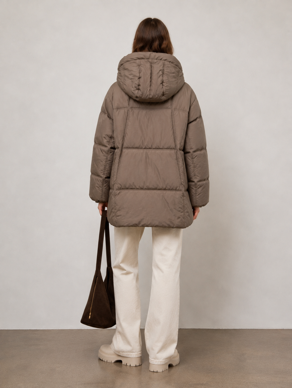 Dámska oversize bunda typu puffer v svetlohnedom odtieni