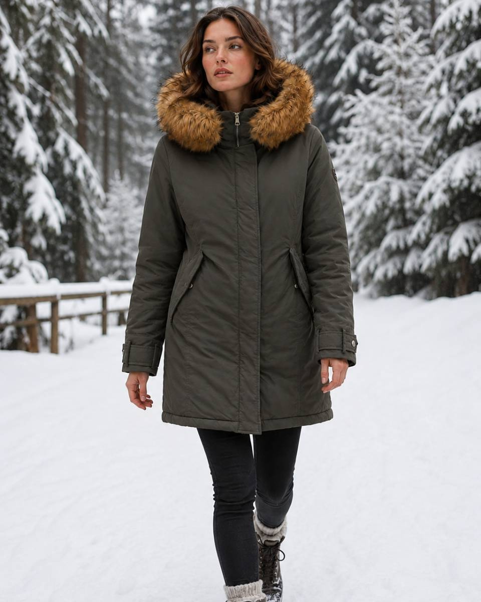 Zimná parka v khaki farbe s kapucňou a odnímateľnou kožušinkou