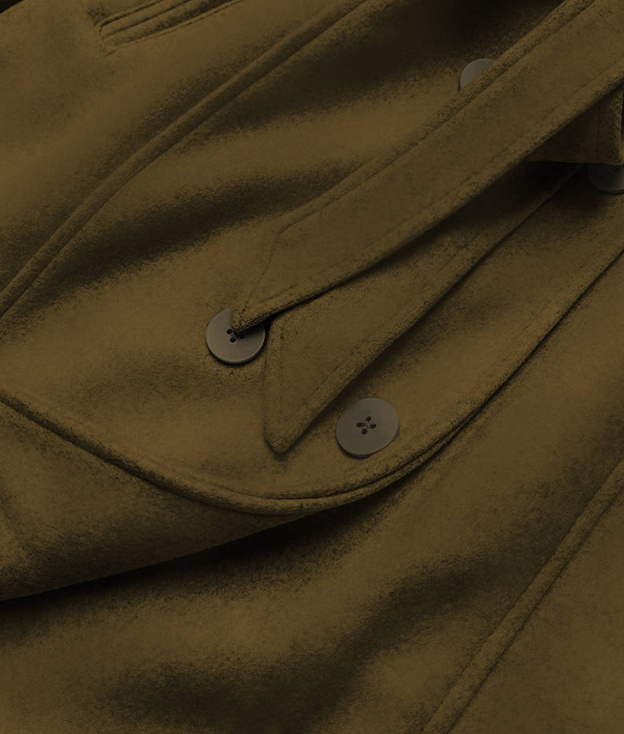 Elegantný kabát s kožušinovým lemom v khaki farbe
