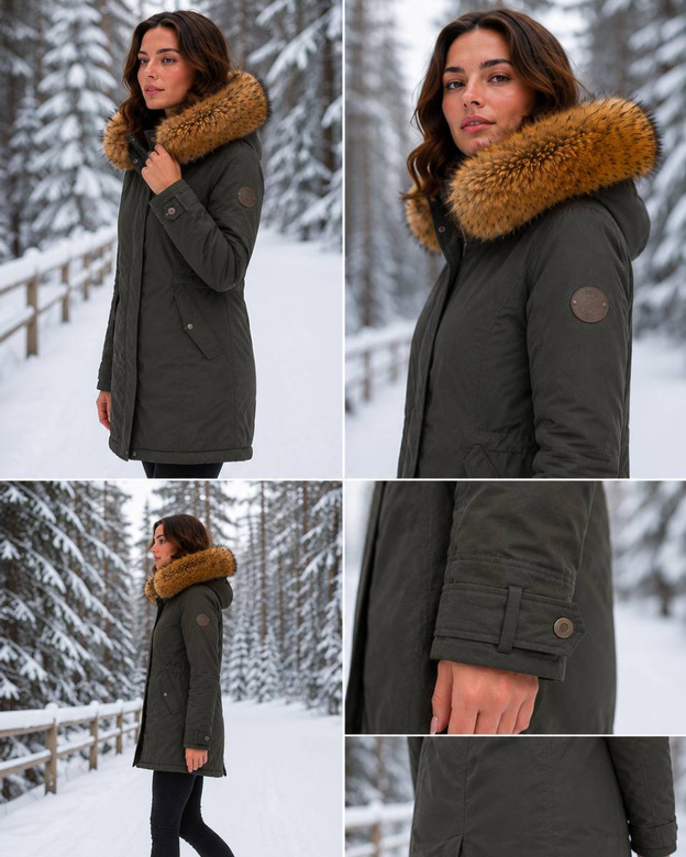 Zimná parka v khaki farbe s kapucňou a odnímateľnou kožušinkou