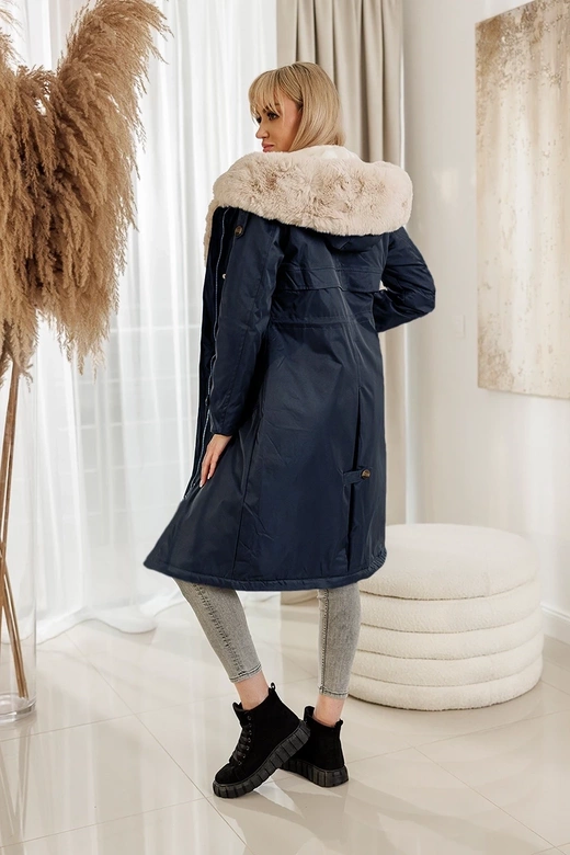 Parka damska zimowa z futerkiem granat-beż (B557-3046)