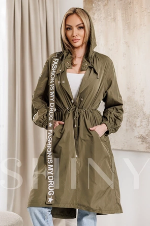 Dámska oversize bunda v khaki farbe s ozdobnými rukávmi