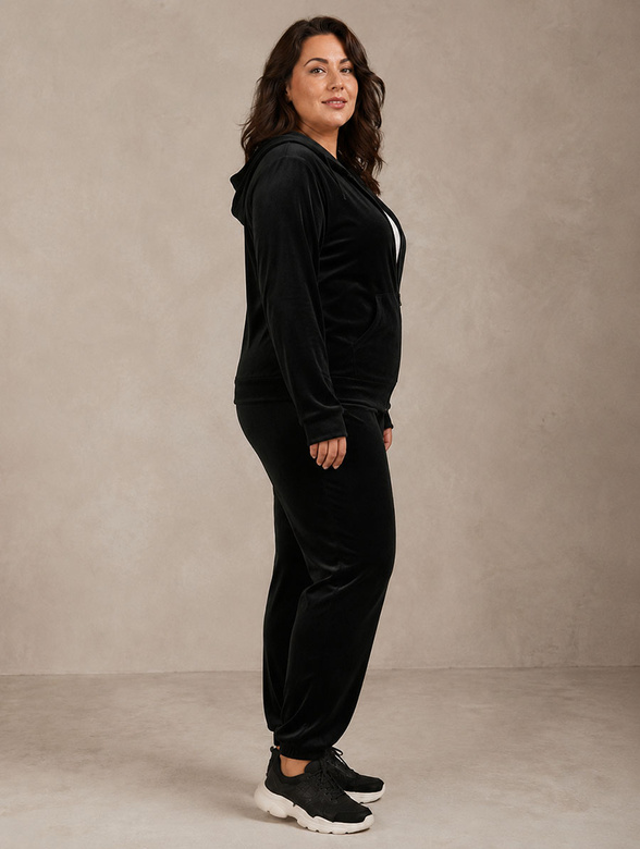 Súprava vo veľkosti plus size: mikina + tepláky z velúru, čierna