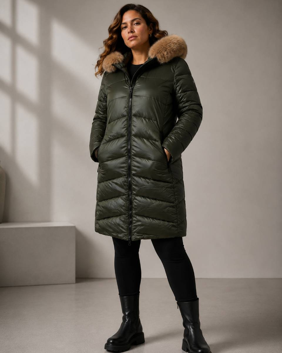 Dámska obojstranná bunda v khaki-béžovej farbe s odnímateľnou kapucňou vo veľkosti plus size