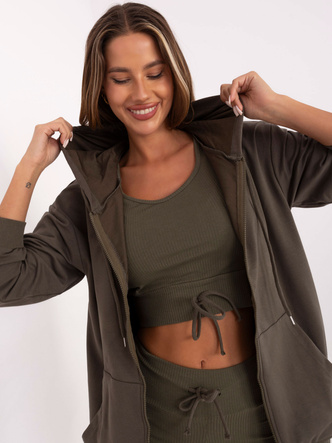 Športová súprava v khaki farbe: mikina + top + šortky