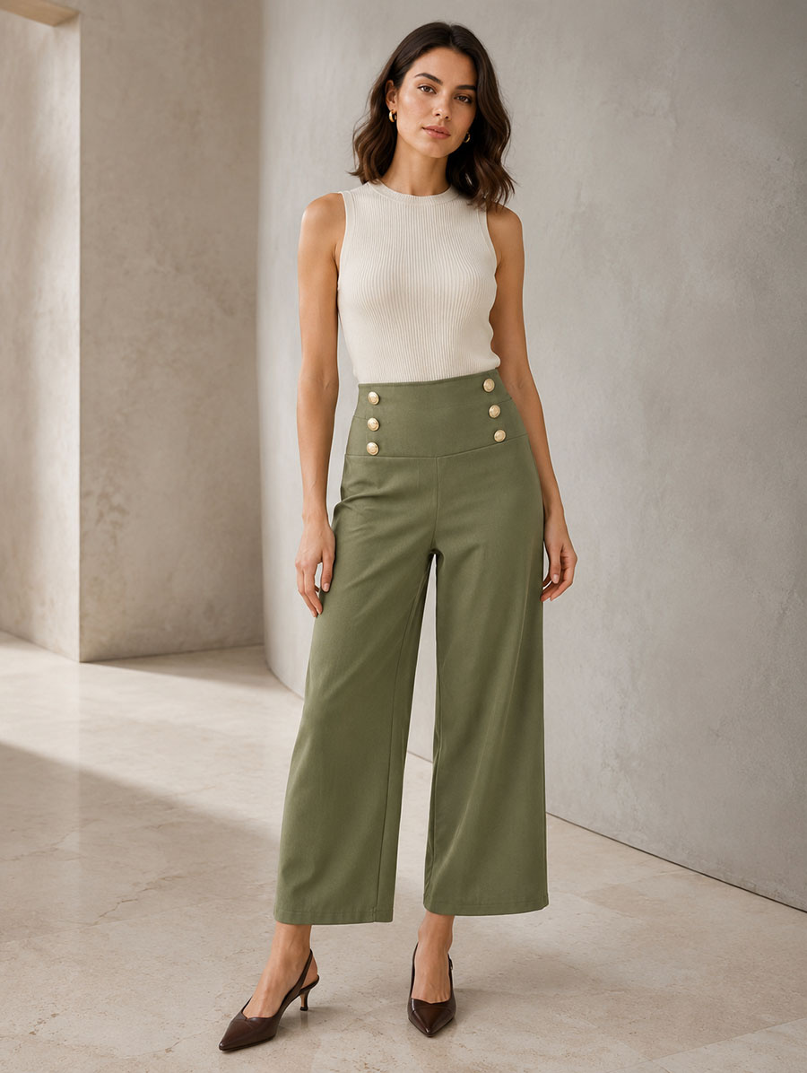 Elegantné dámske nohavice v khaki farbe so zlatými gombíkmi