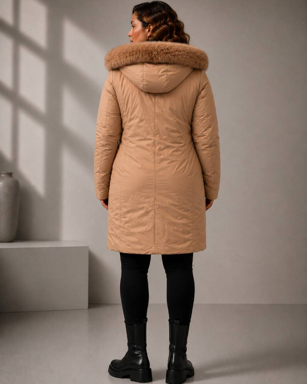 Dámska obojstranná bunda v khaki-béžovej farbe s odnímateľnou kapucňou vo veľkosti plus size