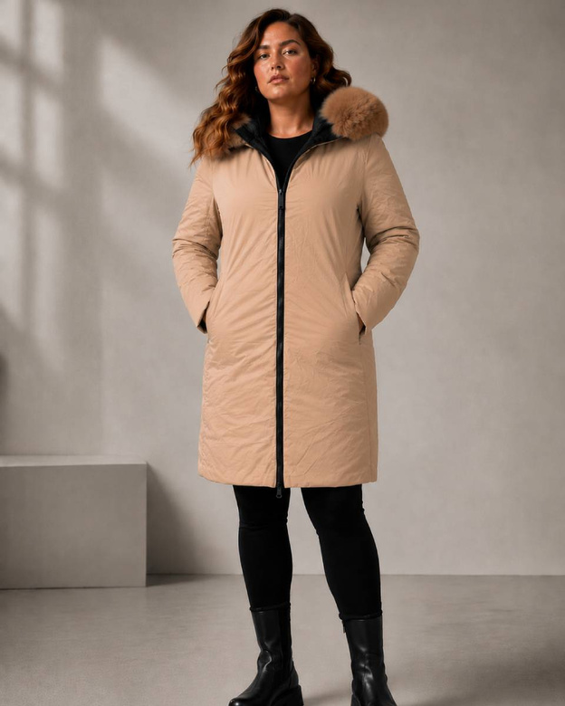 Čierno-béžová obojstranná dámska bunda s odnímateľnou kapucňou vo veľkosti plus size