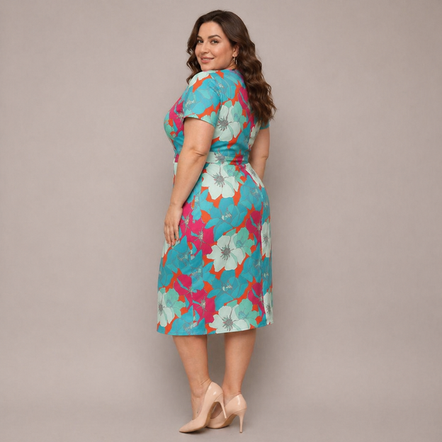 Šaty vo veľkosti plus size s výstrihom do V, so zeleno-oranžovými kvetinami