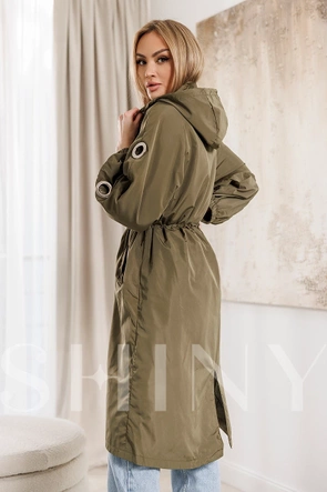 Dámska oversize bunda v khaki farbe s ozdobnými rukávmi