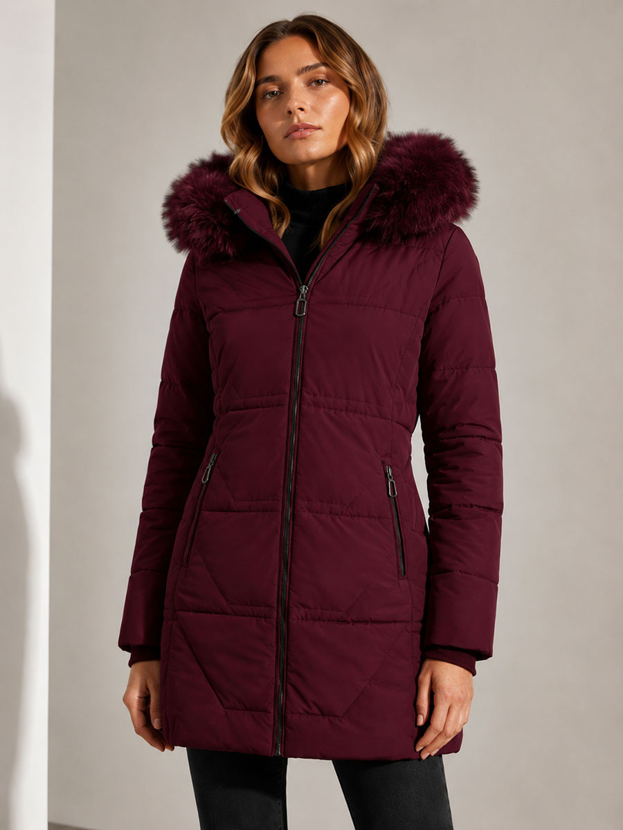 Zimowa kurtka damska z kapturem J Style bordowa (16M9099-06)