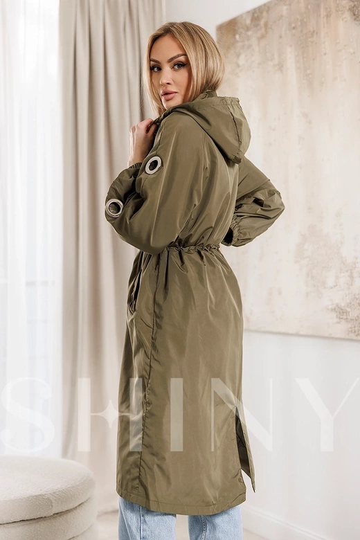 Dámska oversize bunda v khaki farbe s ozdobnými rukávmi