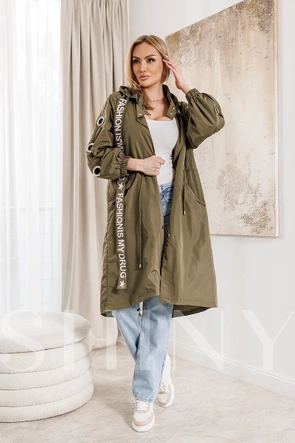 Dámska oversize bunda v khaki farbe s ozdobnými rukávmi