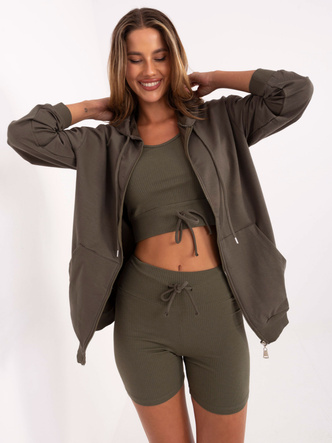Športová súprava v khaki farbe: mikina + top + šortky
