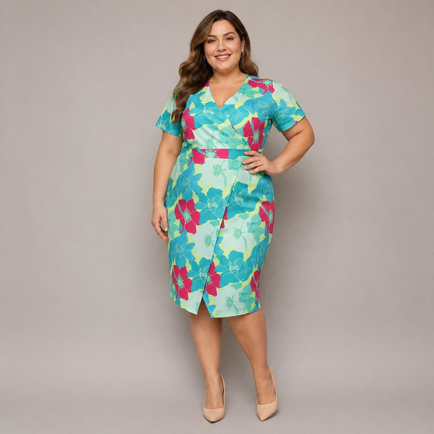 Šaty vo veľkosti plus size s výstrihom do V, zelené s fuchsiovými kvetmi