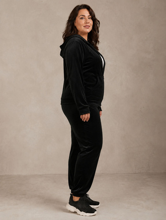 Súprava vo veľkosti plus size: mikina + tepláky z velúru, čierna