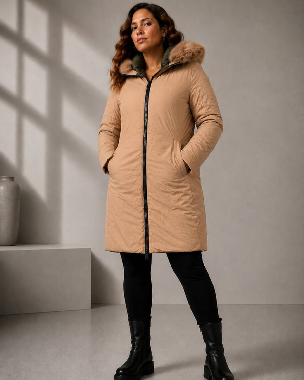 Dámska obojstranná bunda v khaki-béžovej farbe s odnímateľnou kapucňou vo veľkosti plus size