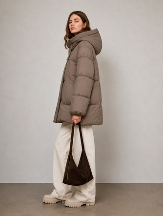 Dámska oversize bunda typu puffer v svetlohnedom odtieni