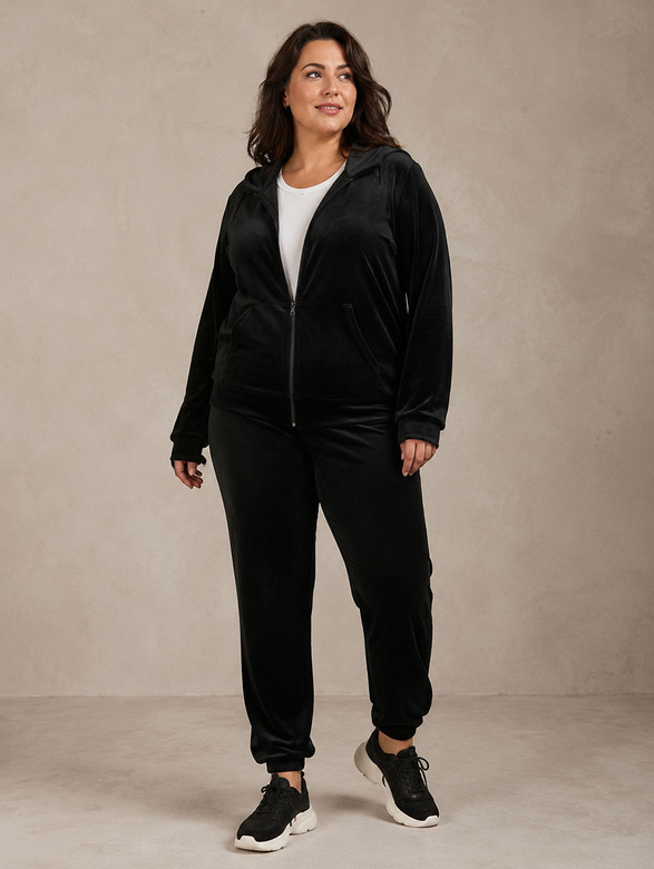 Súprava vo veľkosti plus size: mikina + tepláky z velúru, čierna