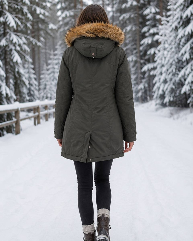 Zimná parka v khaki farbe s kapucňou a odnímateľnou kožušinkou