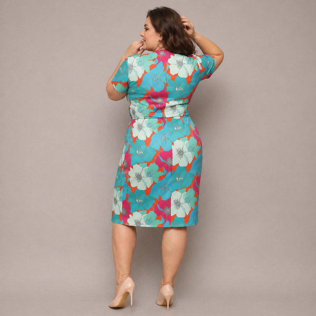 Šaty vo veľkosti plus size s výstrihom do V, so zeleno-oranžovými kvetinami